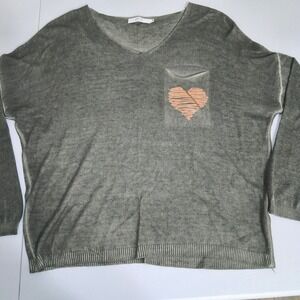 PENN Distressed Olive Green V-Neck Sweater with Heart Pocket Detail Size S